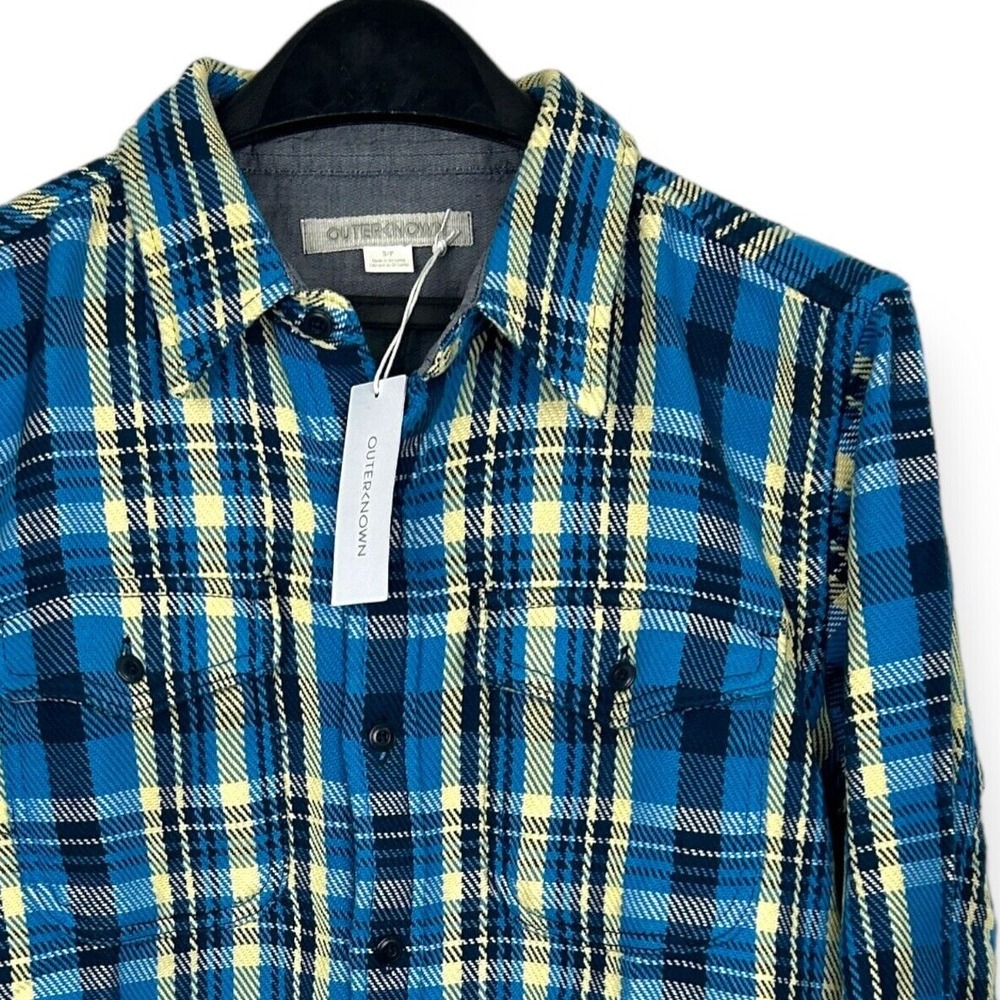 NEW Outerknown Men's Small Heavy Knit Flannel‎ Blue Plaid Organic Cotton $148